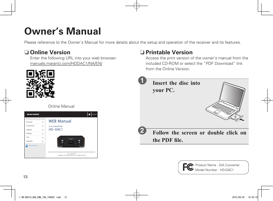 Owner’s manual, N printable version, N online version | Marantz HD-DAC1 Quick Start User Manual | Page 14 / 16