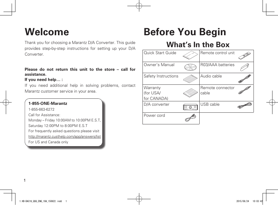Welcome before you begin, What’s in the box | Marantz HD-DAC1 Quick Start User Manual | Page 2 / 16