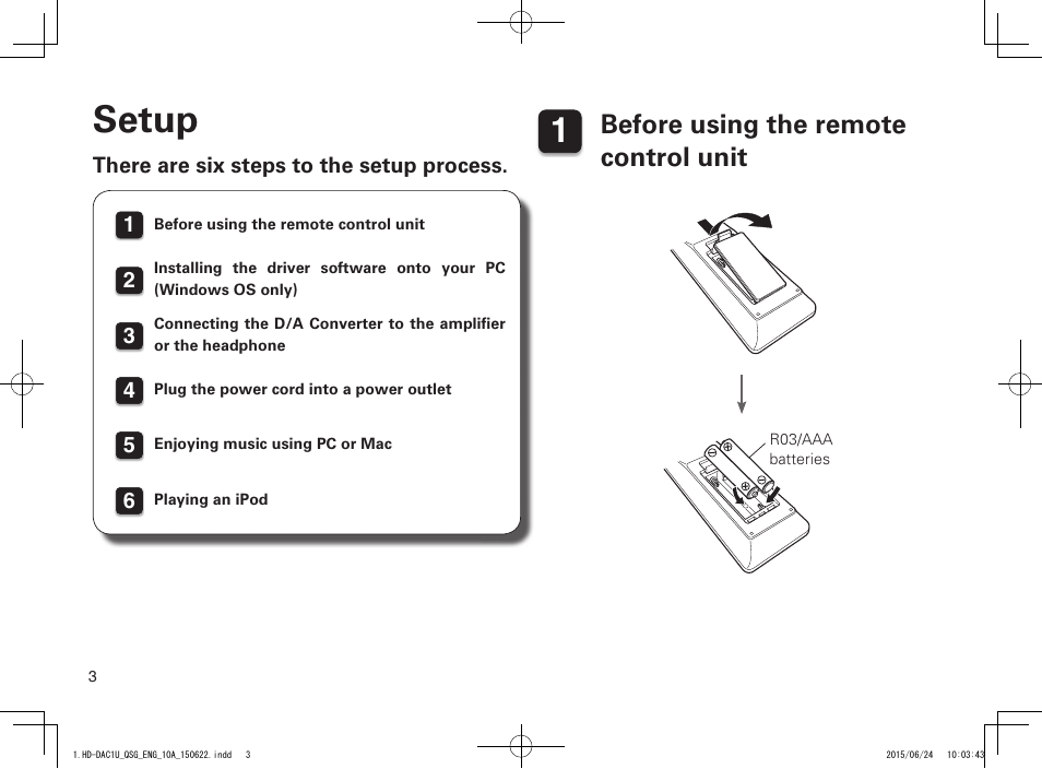 Setup, Before using the remote control unit | Marantz HD-DAC1 Quick Start User Manual | Page 4 / 16