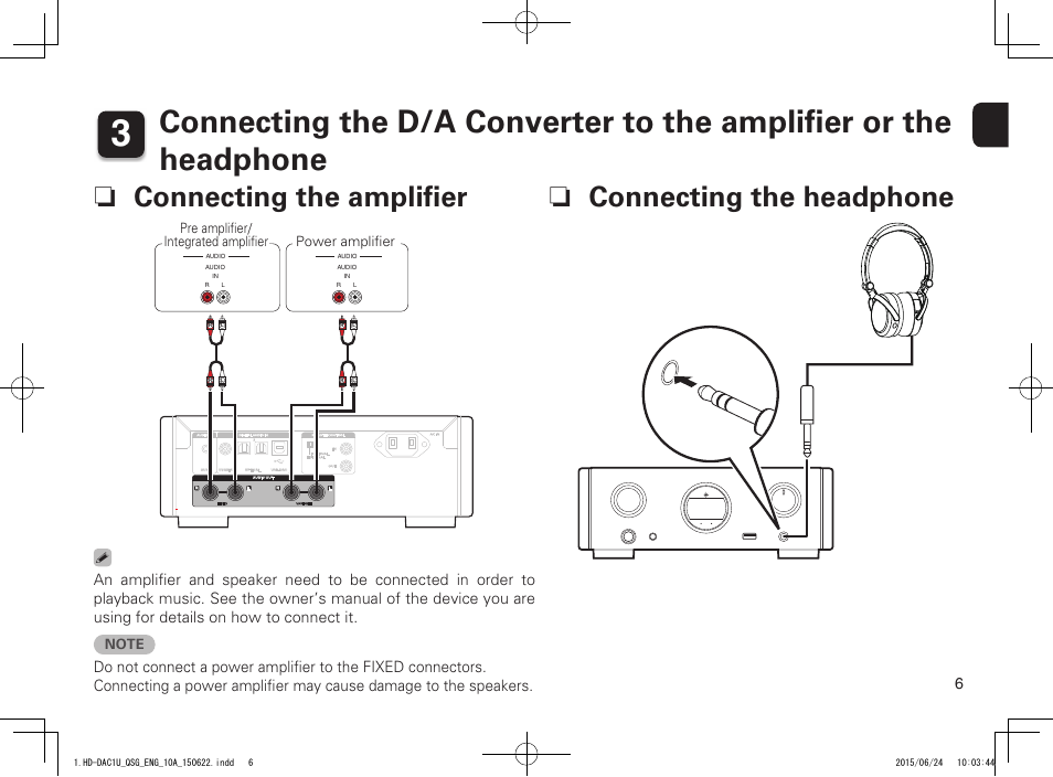 N connecting the ampliﬁ er, N connecting the headphone, Printing color : black | Marantz HD-DAC1 Quick Start User Manual | Page 7 / 16
