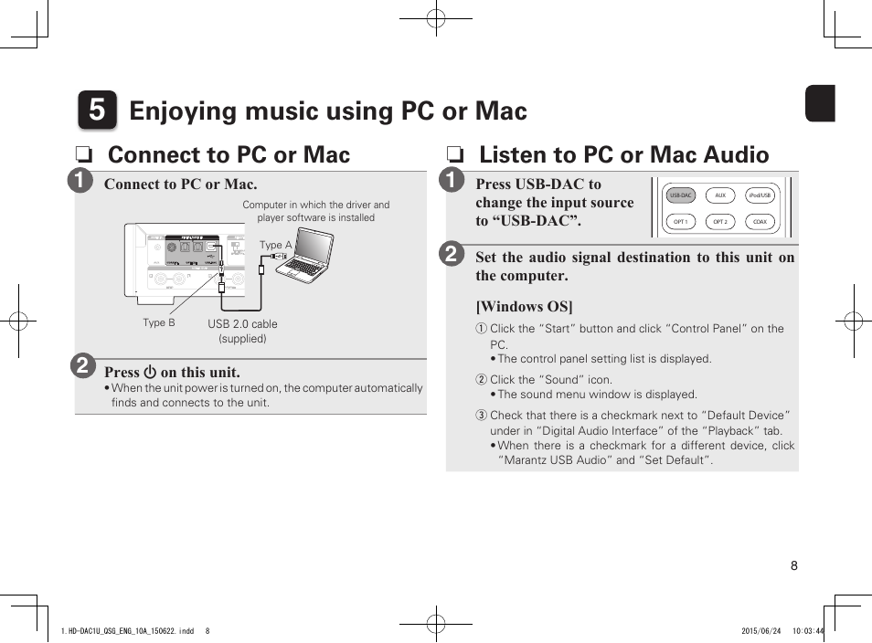 Enjoying music using pc or mac, N connect to pc or mac, N listen to pc or mac audio | Connect to pc or mac, Press x on this unit | Marantz HD-DAC1 Quick Start User Manual | Page 9 / 16