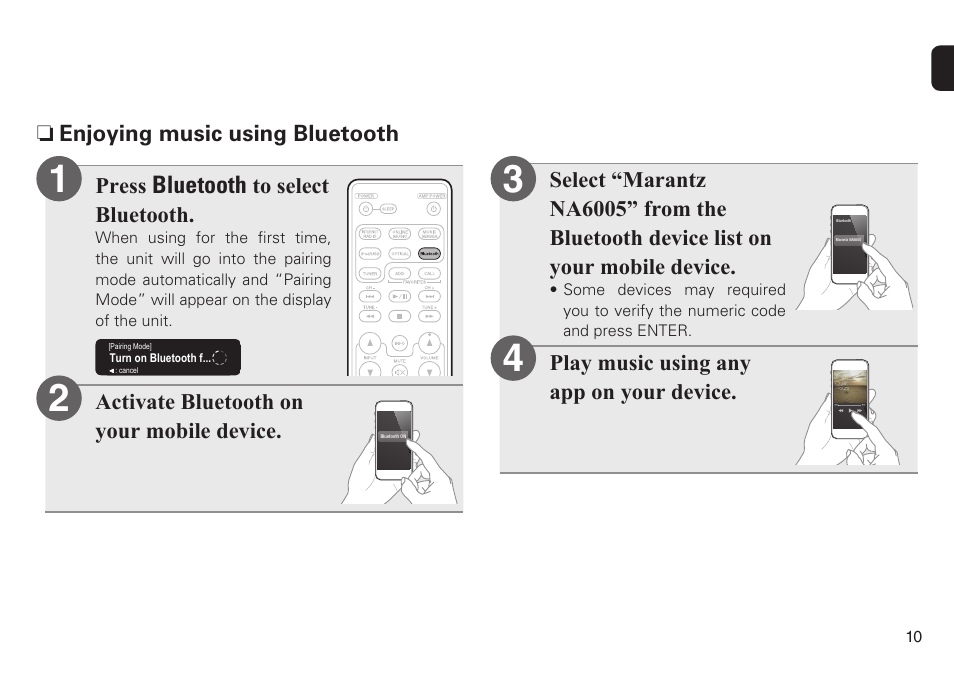 Bluetooth, N enjoying music using bluetooth press, Activate bluetooth on your mobile device | Play music using any app on your device | Marantz NA6005 Quick Start User Manual | Page 11 / 14