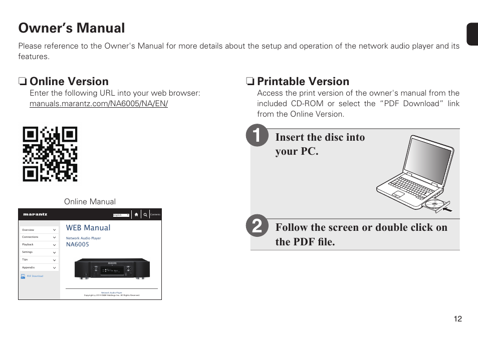 Owner’s manual, N printable version, N online version | Marantz NA6005 Quick Start User Manual | Page 13 / 14