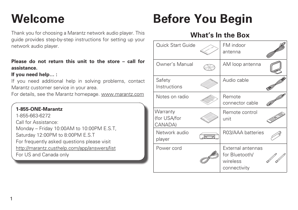 Welcome before you begin, What’s in the box | Marantz NA6005 Quick Start User Manual | Page 2 / 14