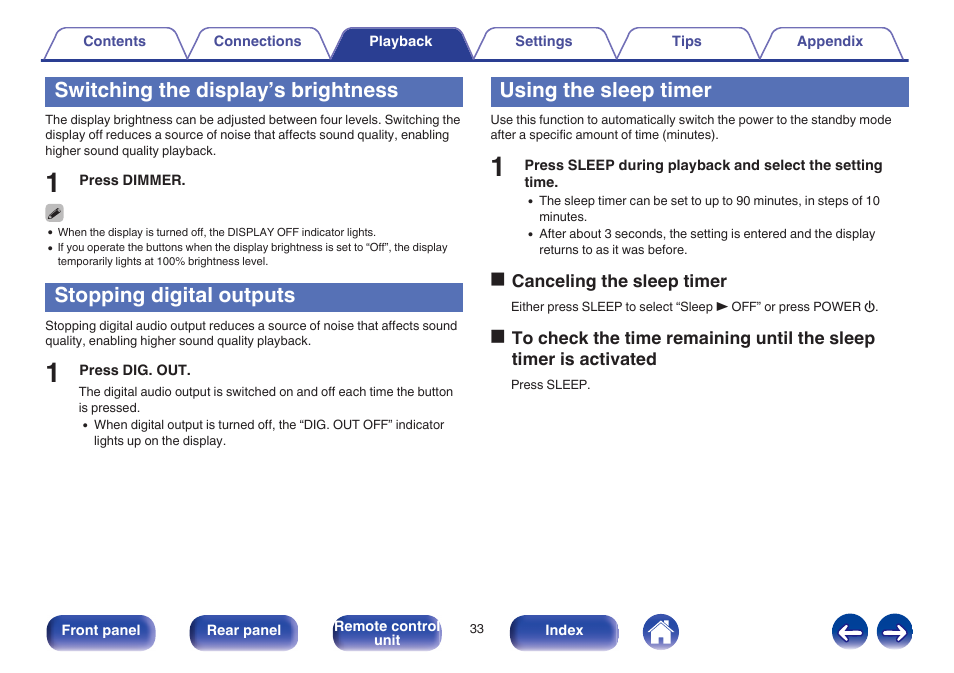 Switching the display’s brightness, Stopping digital outputs, Using the sleep timer | V p. 33), This sets the sleep timer. (v p. 33) | Marantz NA8005 User Manual | Page 33 / 120