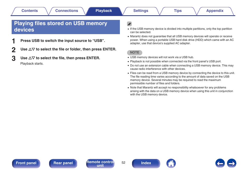 Playing files stored on usb memory devices | Marantz NA8005 User Manual | Page 52 / 120