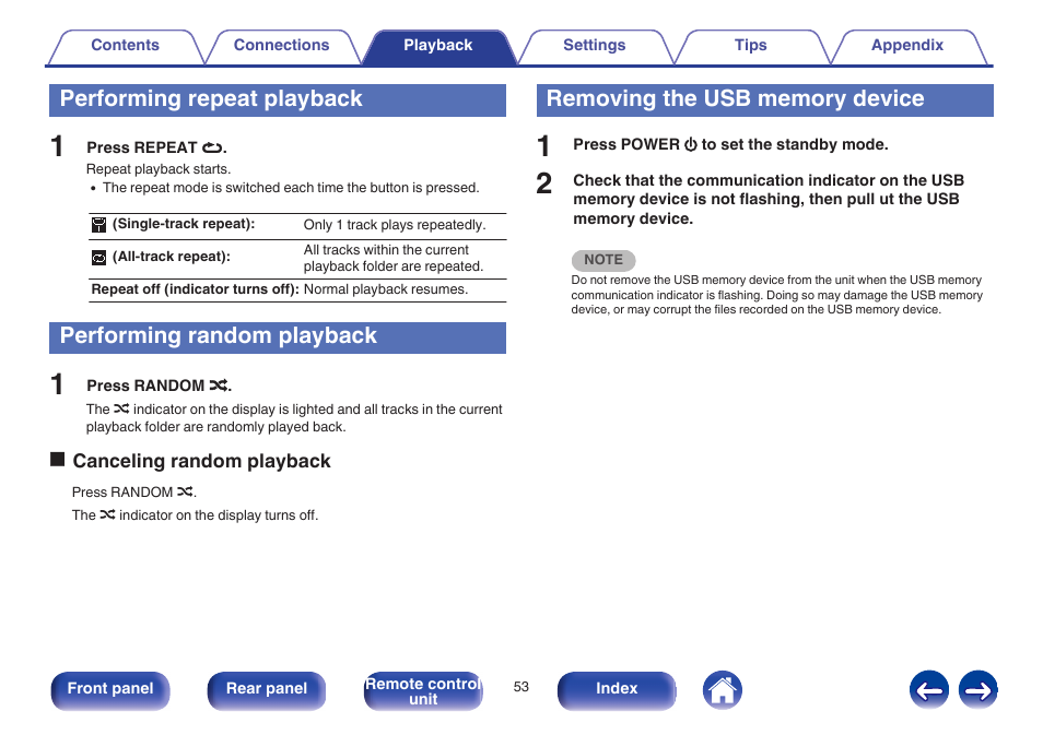 Performing repeat playback, Performing random playback, Removing the usb memory device | Marantz NA8005 User Manual | Page 53 / 120