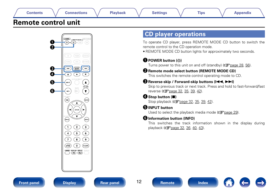 Remote control unit, Cd player operations, Remote | Marantz SA8005 User Manual | Page 12 / 79