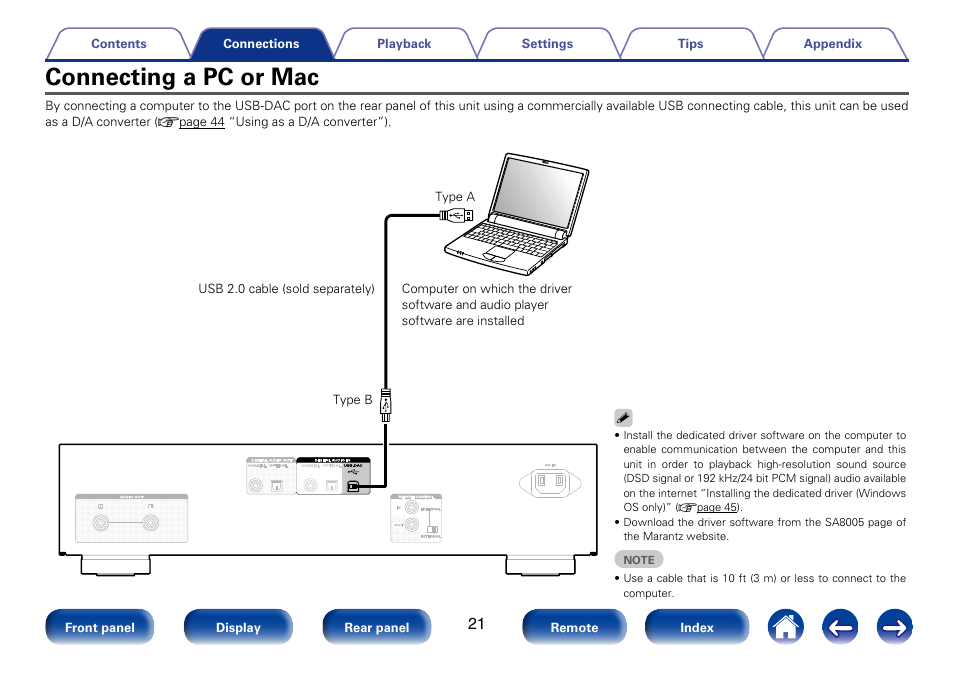 Connecting a pc or mac | Marantz SA8005 User Manual | Page 21 / 79