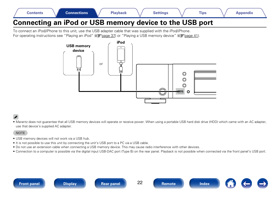 Connecting an ipod or usb memory device, To the usb port, Connecting an ipod or usb memory device to the usb | Marantz SA8005 User Manual | Page 22 / 79