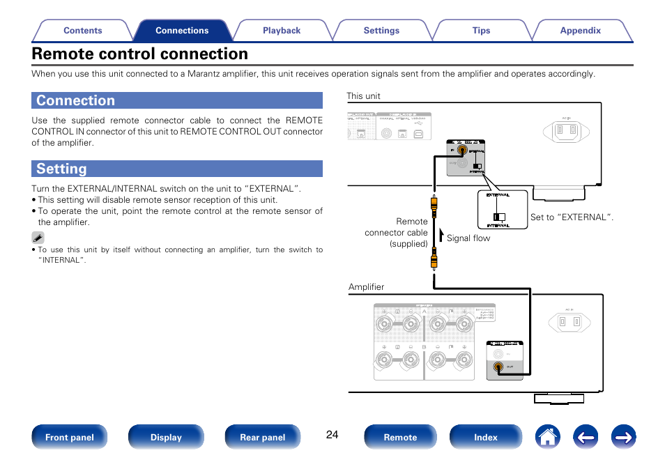 Remote control connection, Connection, Setting | Marantz SA8005 User Manual | Page 24 / 79