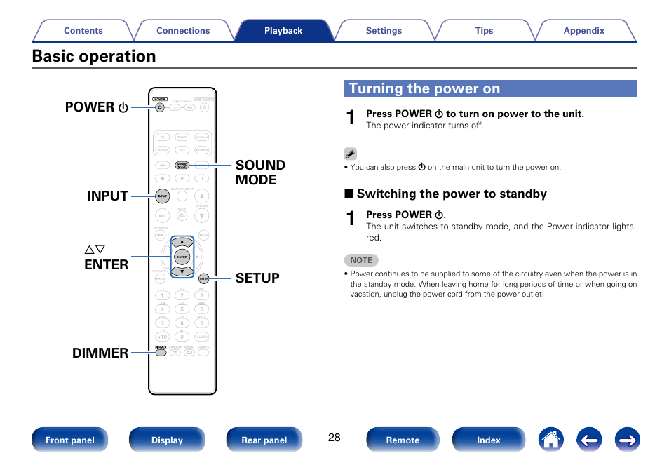 Basic operation, Turning the power on, Power | Dimmer sound mode input setup, Enter | Marantz SA8005 User Manual | Page 28 / 79