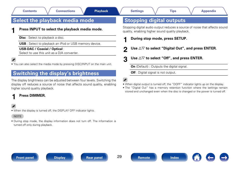 Select the playback media mode, Switching the display’s brightness, Stopping digital outputs | Marantz SA8005 User Manual | Page 29 / 79