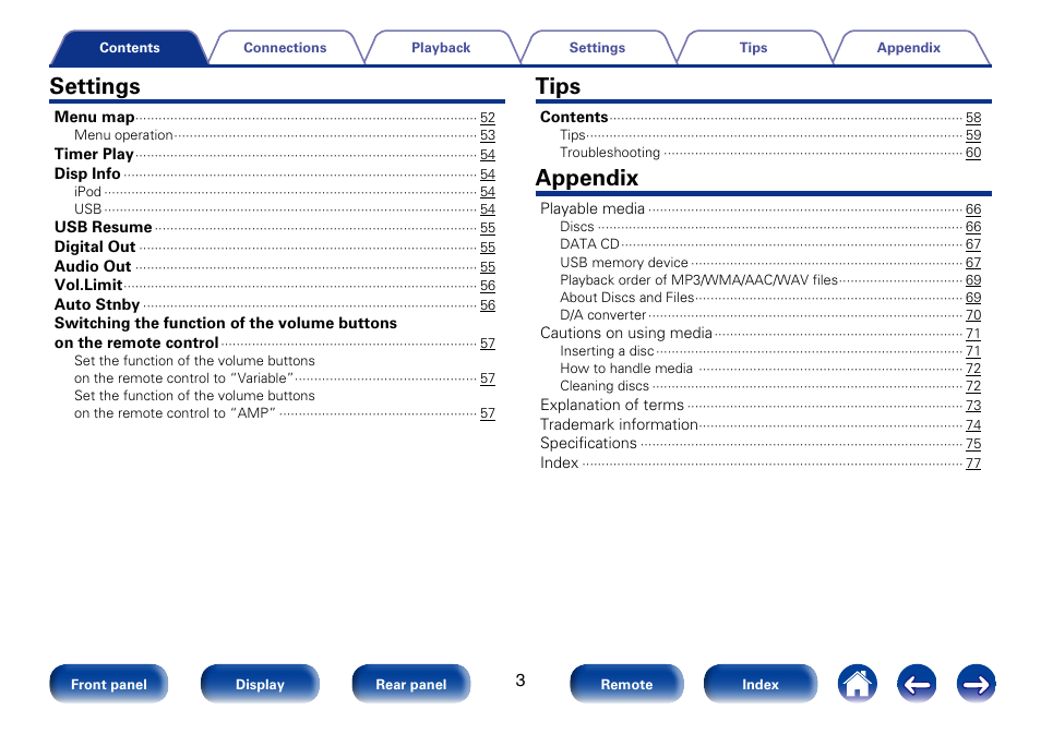 Settings, Tips, Appendix | Marantz SA8005 User Manual | Page 3 / 79