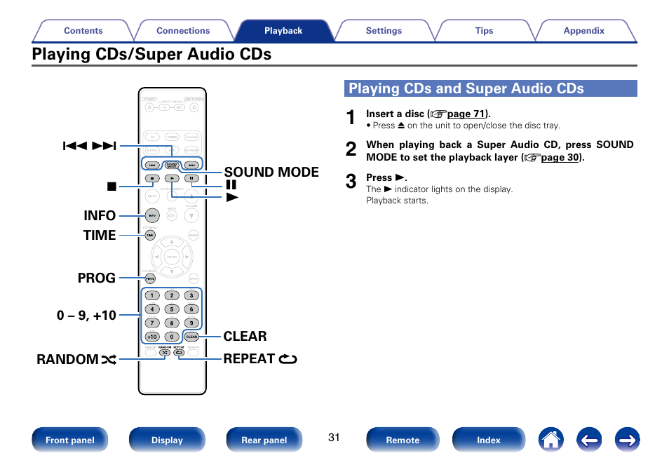 Playing cds/super audio cds, Playing cds and super audio cds | Marantz SA8005 User Manual | Page 31 / 79