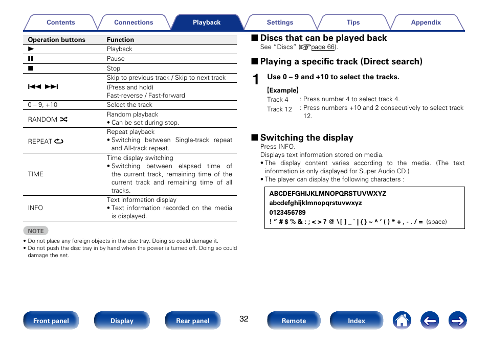 2 discs that can be played back, 2 playing a specific track (direct search), 2 switching the display | Marantz SA8005 User Manual | Page 32 / 79