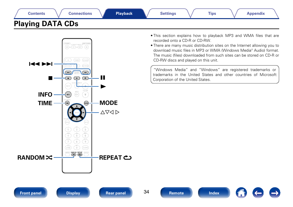 Playing data cds, Mode info time, 1random repeat | Marantz SA8005 User Manual | Page 34 / 79