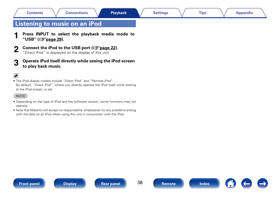 Listening to music on an ipod | Marantz SA8005 User Manual | Page 38 / 79