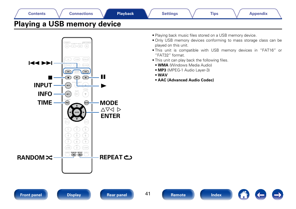 Playing a usb memory device, Enter mode info time, 1input random repeat | Marantz SA8005 User Manual | Page 41 / 79