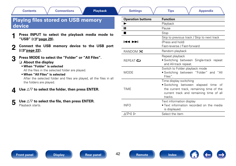 Playing files stored on usb memory device | Marantz SA8005 User Manual | Page 42 / 79