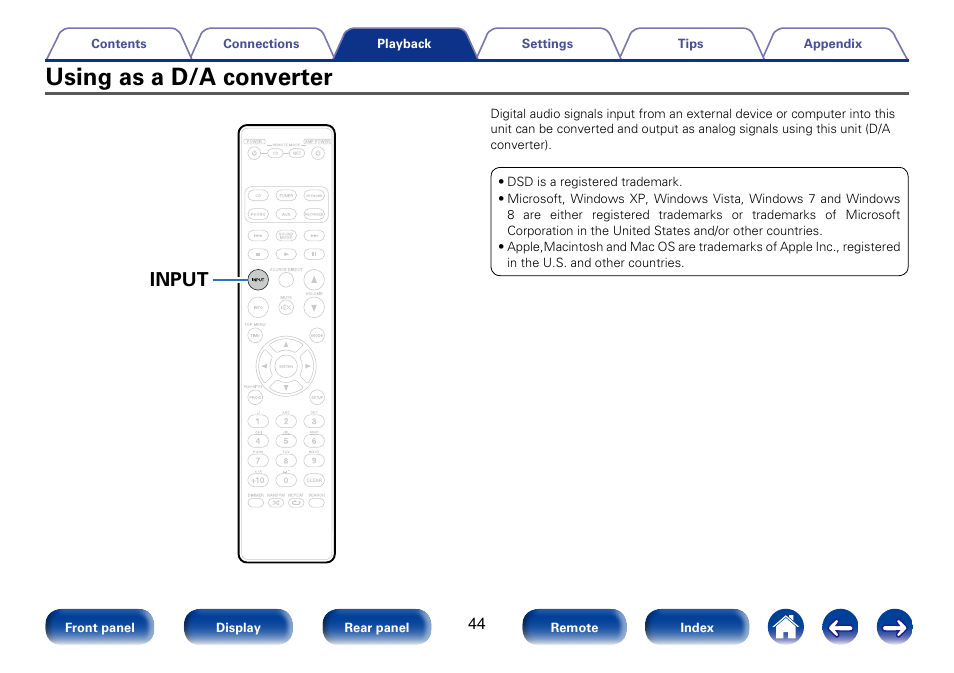 Using as a d/a converter, Using as a d/a converter”), Input | Marantz SA8005 User Manual | Page 44 / 79