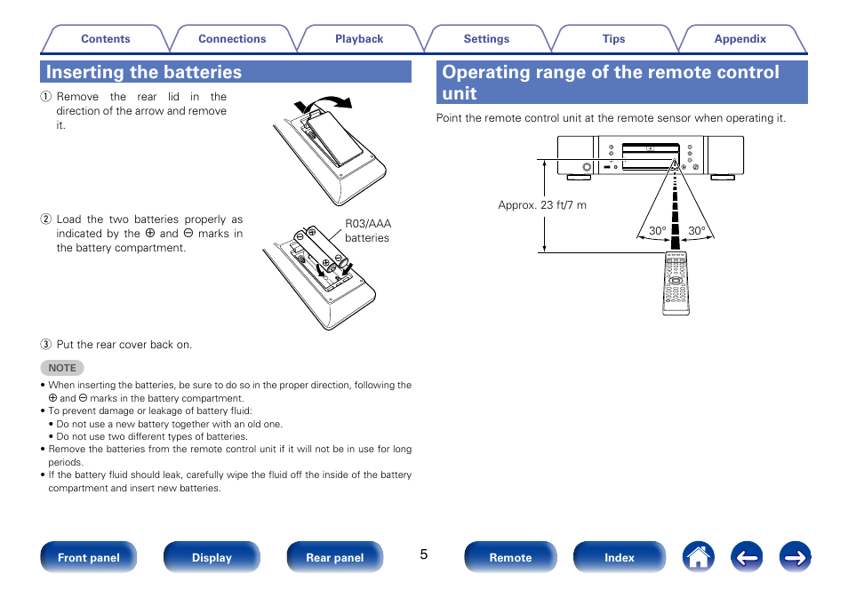 Inserting the batteries, Operating range of the remote control unit | Marantz SA8005 User Manual | Page 5 / 79