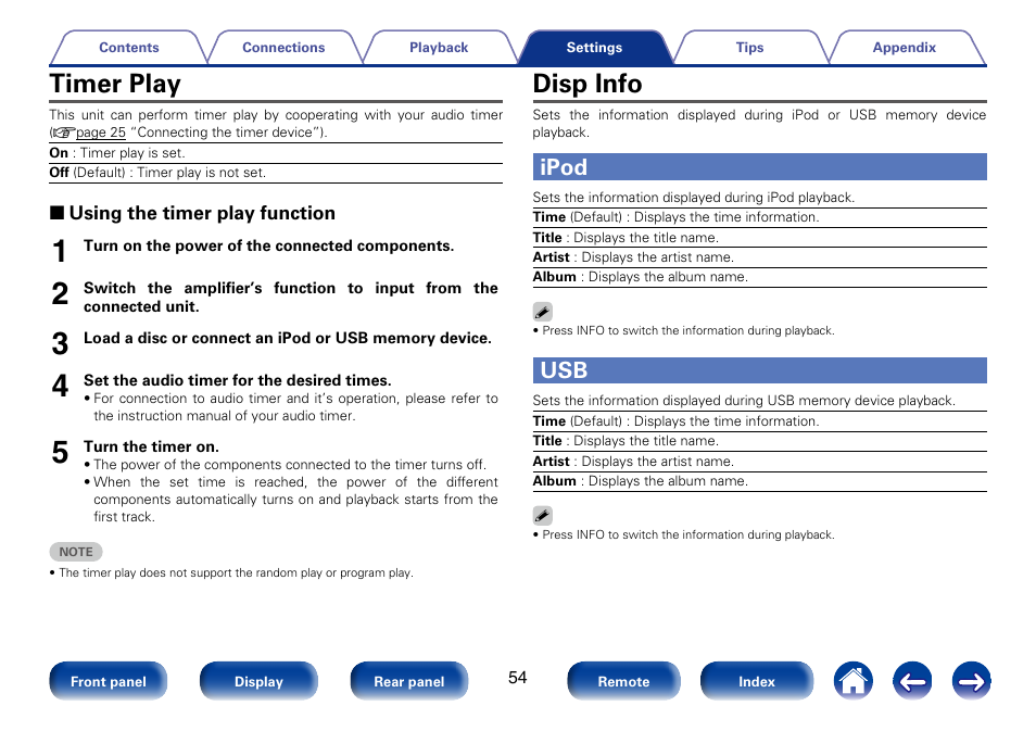 Timer play, Disp info, Ipod | Marantz SA8005 User Manual | Page 54 / 79