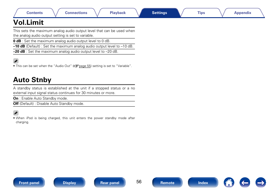 Vol.limit, Auto stnby | Marantz SA8005 User Manual | Page 56 / 79