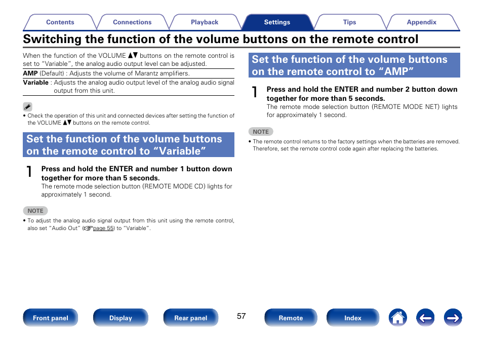 Switching the function of the volume buttons, On the remote control, Set the function of the volume buttons | Marantz SA8005 User Manual | Page 57 / 79