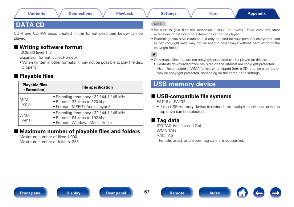 Data cd, Usb memory device, 2 writing software format | 2 playable files, 2 maximum number of playable files and folders, 2 usb-compatible file systems, 2 tag data | Marantz SA8005 User Manual | Page 67 / 79