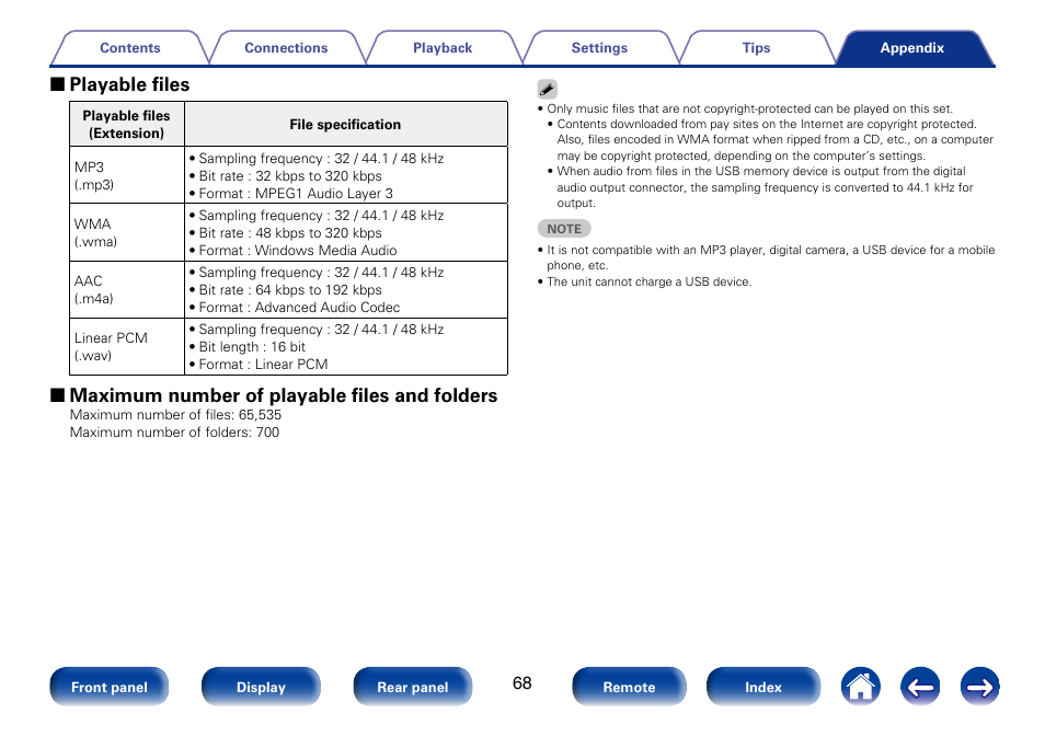 2 playable files, 2 maximum number of playable files and folders | Marantz SA8005 User Manual | Page 68 / 79