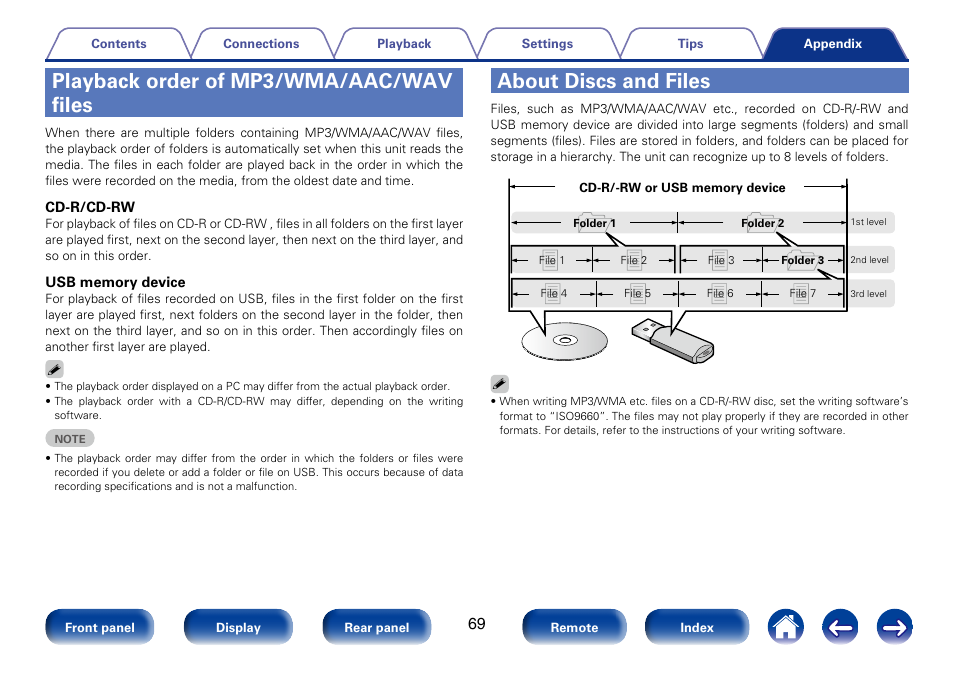 Playback order of mp3/wma/aac/wav files, About discs and files | Marantz SA8005 User Manual | Page 69 / 79