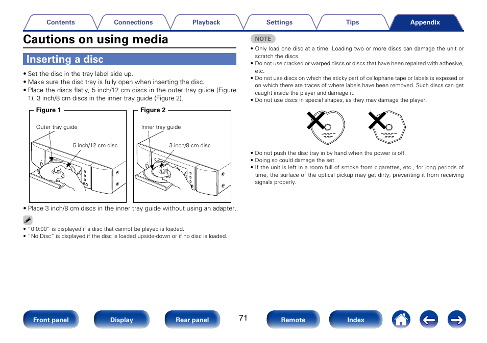 Cautions on using media, Inserting a disc | Marantz SA8005 User Manual | Page 71 / 79