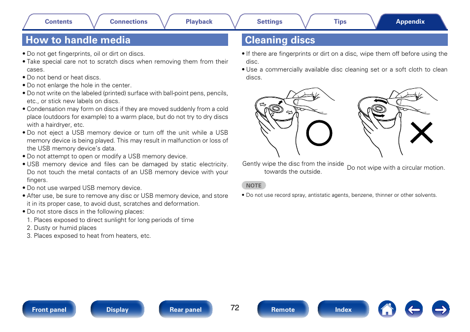 How to handle media, Cleaning discs | Marantz SA8005 User Manual | Page 72 / 79