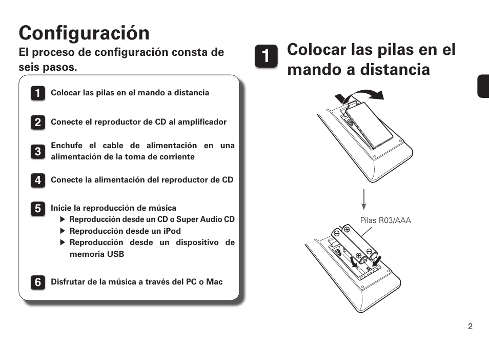 Configuración, Colocar las pilas en el mando a distancia | Marantz SA8005 Quick Start User Manual | Page 3 / 12