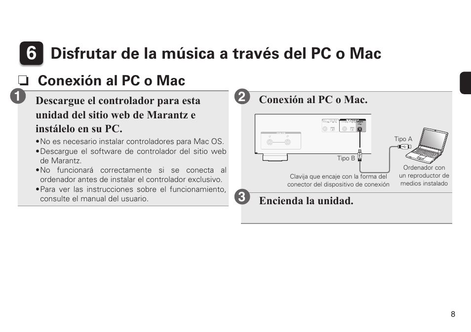 Disfrutar de la música a través del pc o mac, N conexión al pc o mac | Marantz SA8005 Quick Start User Manual | Page 9 / 12