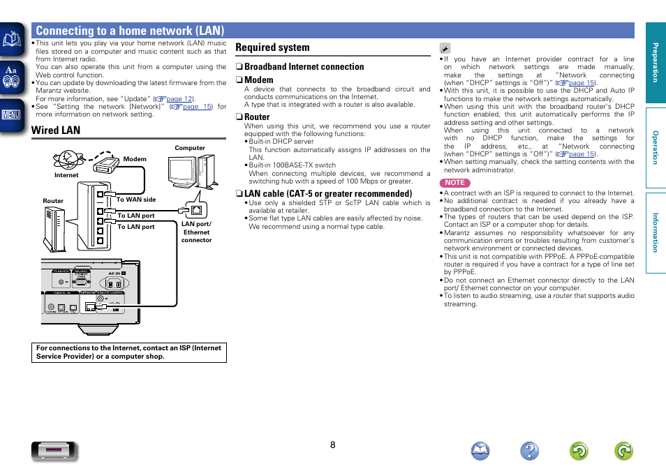 Connecting to a home network (lan), Wired lan, Required system | Marantz NA-11S1 User Manual | Page 11 / 65