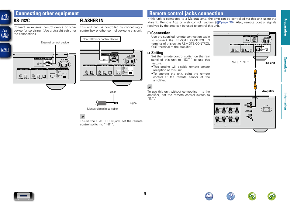 Connecting other equipment, Remote control jacks connection, Rs-232c | Flasher in | Marantz NA-11S1 User Manual | Page 12 / 65