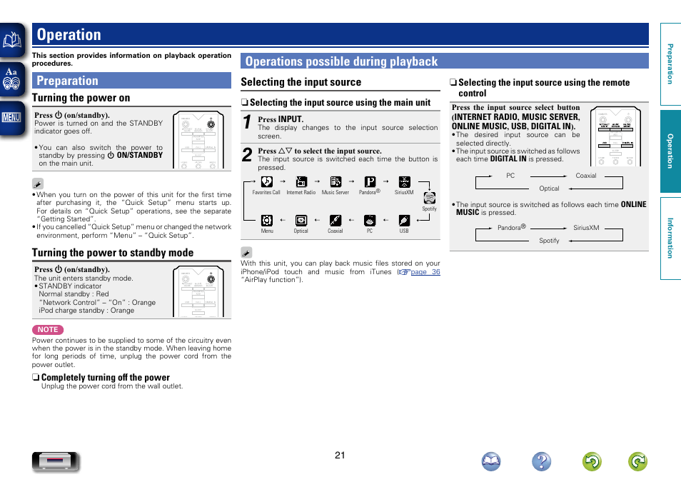 Operation, Preparation, Operations possible during playback | Selecting the input source, Turning the power on, Turning the power to standby mode | Marantz NA-11S1 User Manual | Page 24 / 65