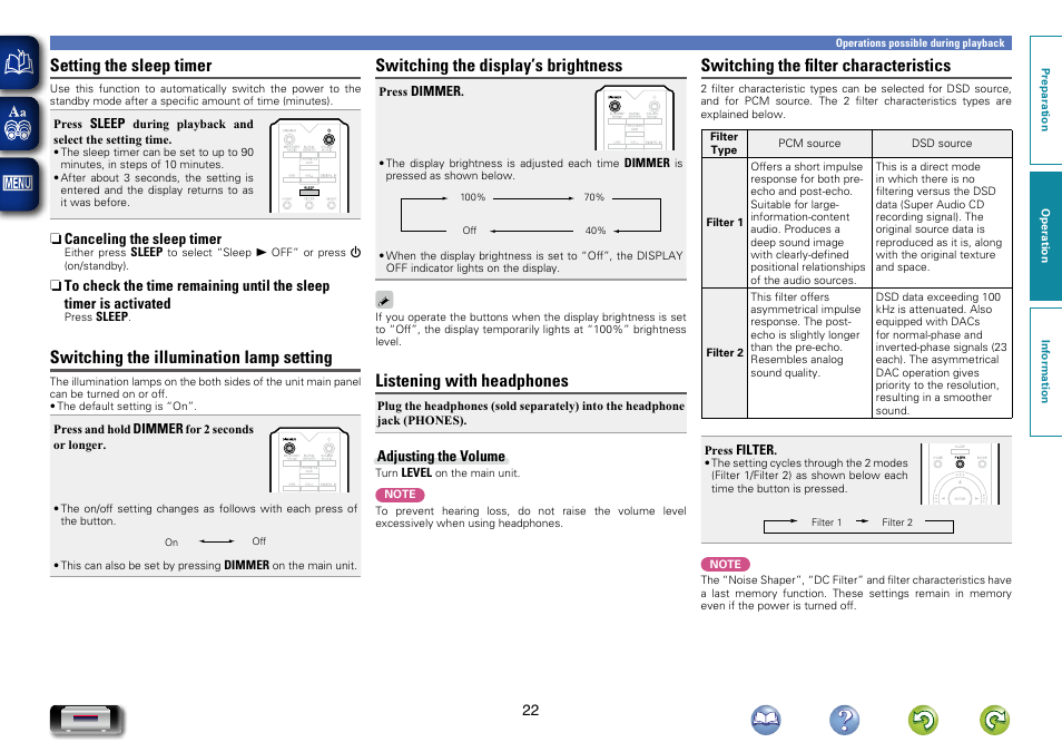 Setting the sleep timer, Switching the illumination lamp setting, Switching the display’s brightness | Listening with headphones, Switching the filter characteristics | Marantz NA-11S1 User Manual | Page 25 / 65