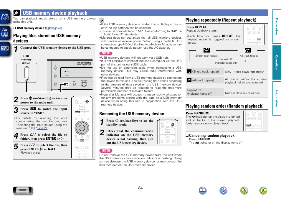 Usb memory device playback, Playing repeatedly (repeat playback), Playing random order (random playback) | Marantz NA-11S1 User Manual | Page 37 / 65