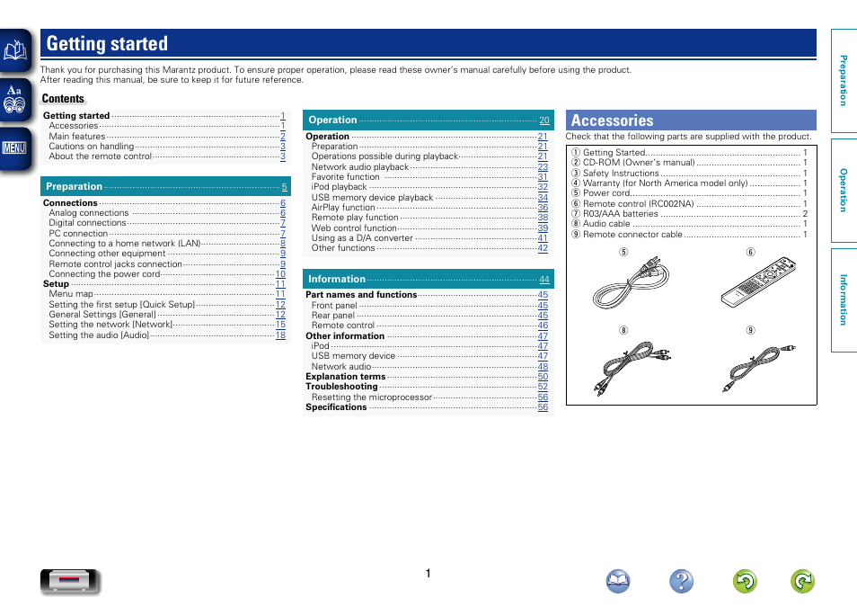 Getting started, Accessories | Marantz NA-11S1 User Manual | Page 4 / 65