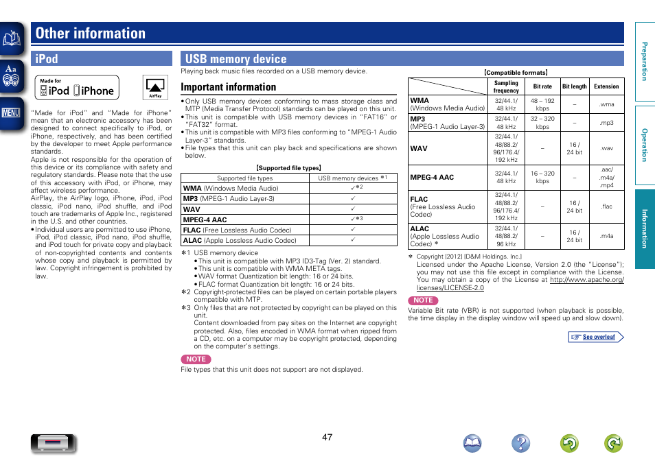 Other information, Ipod, Usb memory device | Important information | Marantz NA-11S1 User Manual | Page 50 / 65