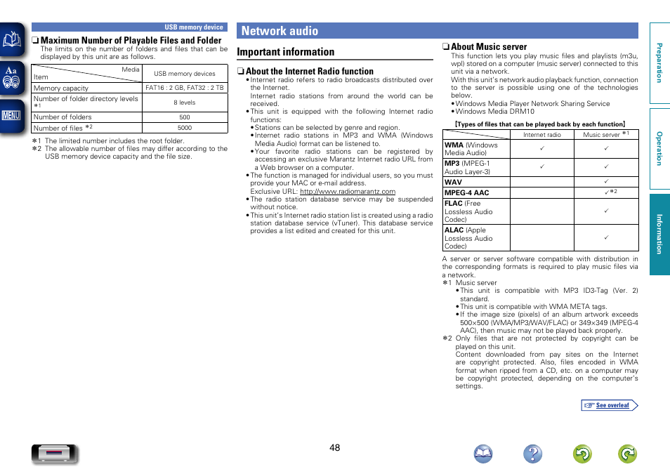 Network audio, About the internet radio function, About music server | About music, Server”), See “about music server, Important information | Marantz NA-11S1 User Manual | Page 51 / 65