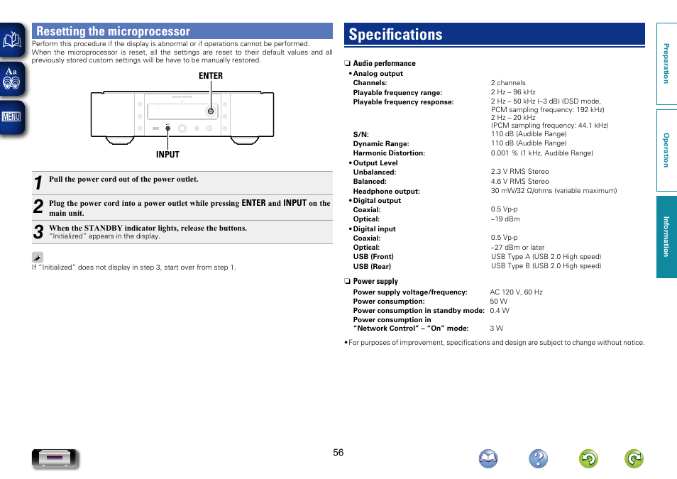 Resetting the microprocessor, Specifications | Marantz NA-11S1 User Manual | Page 59 / 65