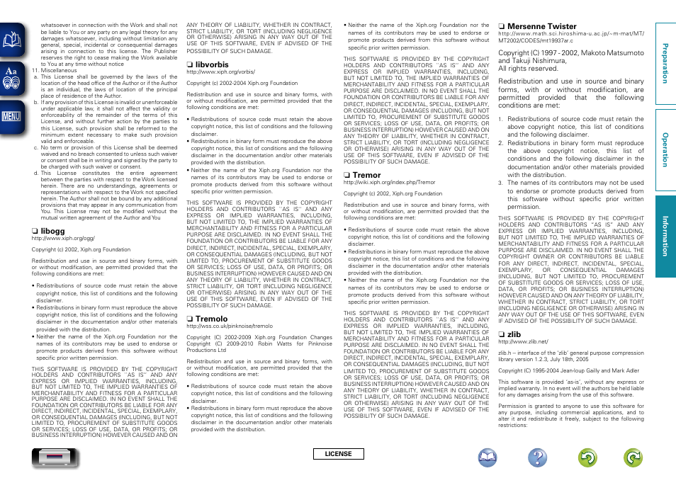 N libogg, N libvorbis, N tremolo | N tremor, N mersenne twister, N zlib | Marantz NA-11S1 User Manual | Page 62 / 65