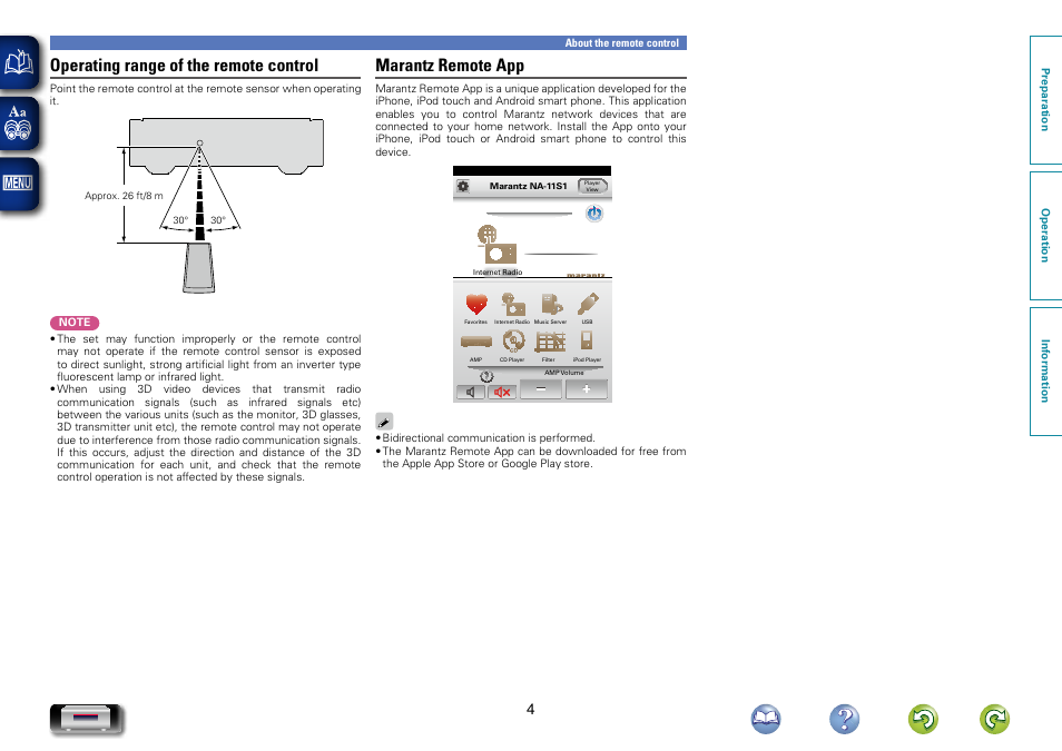 Operating range of the remote control, Marantz remote app | Marantz NA-11S1 User Manual | Page 7 / 65