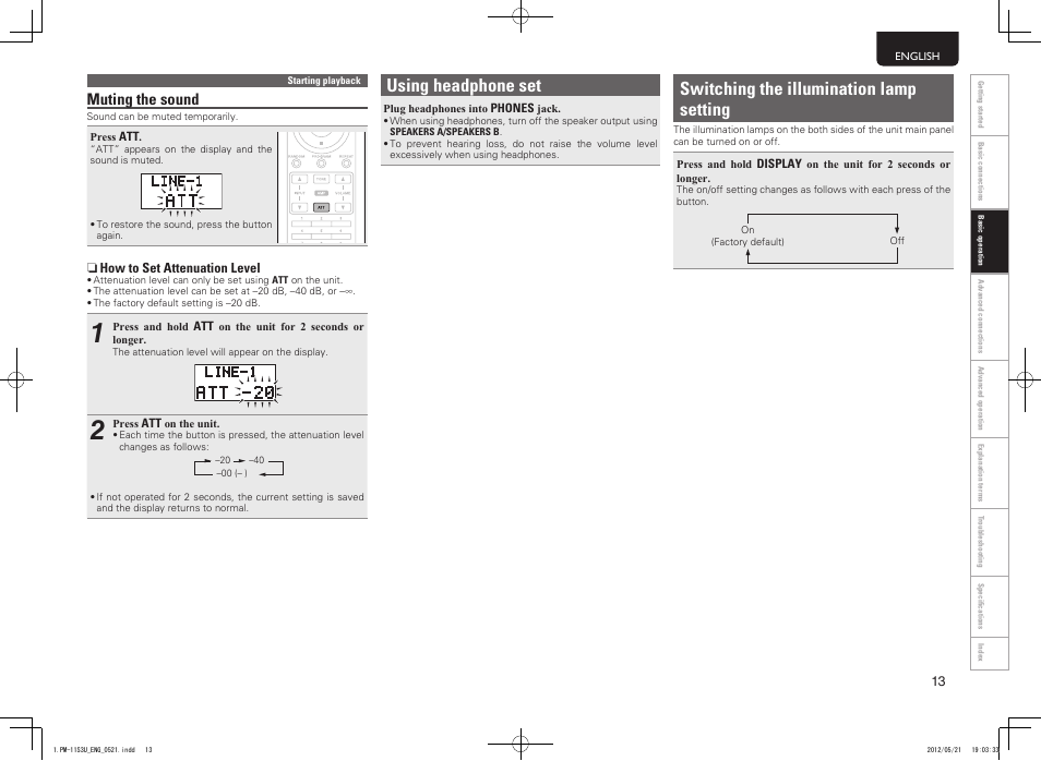 Using headphone set, Switching the illumination lamp setting, Muting the sound | Marantz PM-11S3 User Manual | Page 17 / 30