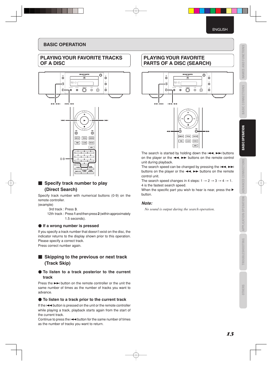 Playing your favorite tracks of a disc, Playing your favorite parts of a disc (search), Basic operation | Specify track number to play (direct search) | Marantz SA-KI PEARL User Manual | Page 19 / 35