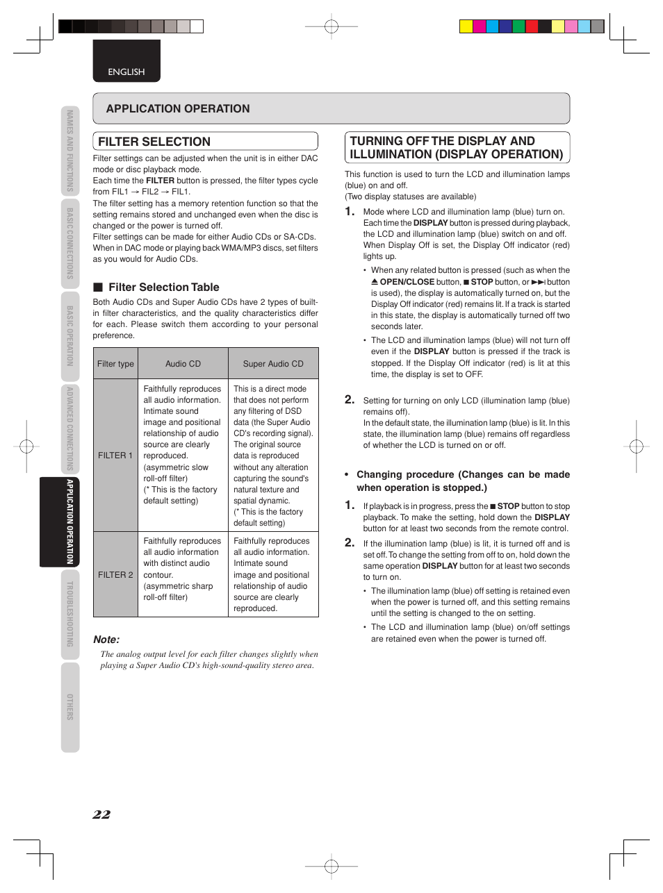 Filter selection, Application operation, Filter selection table | Marantz SA-KI PEARL User Manual | Page 28 / 35